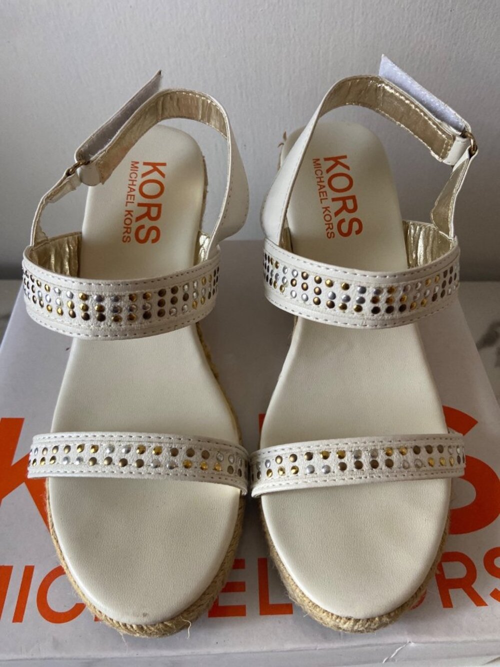 Michael Kors Rita White Studded Espadrille Wedge Sandals Size 4